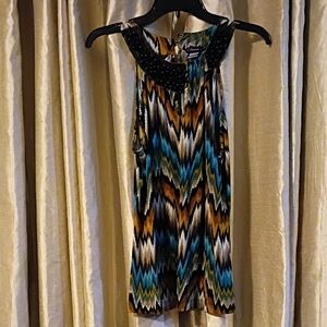 Multicolor Sleeveless Blouse Beaded Neckline